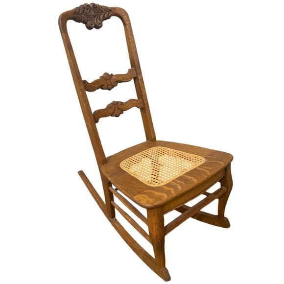 Antique Oak Rocking Chair w/ Carved Back & Cane Seat – 17” Wide Vintage rocker - Picture 1 of 10